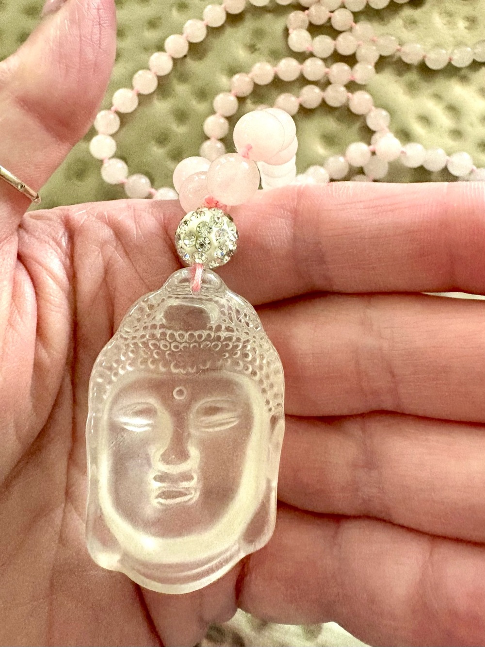 Vintage Rose Quartz Buddha Necklace Rock Crystal Pendant Hand Knotted 40” - Picture 4 of 15